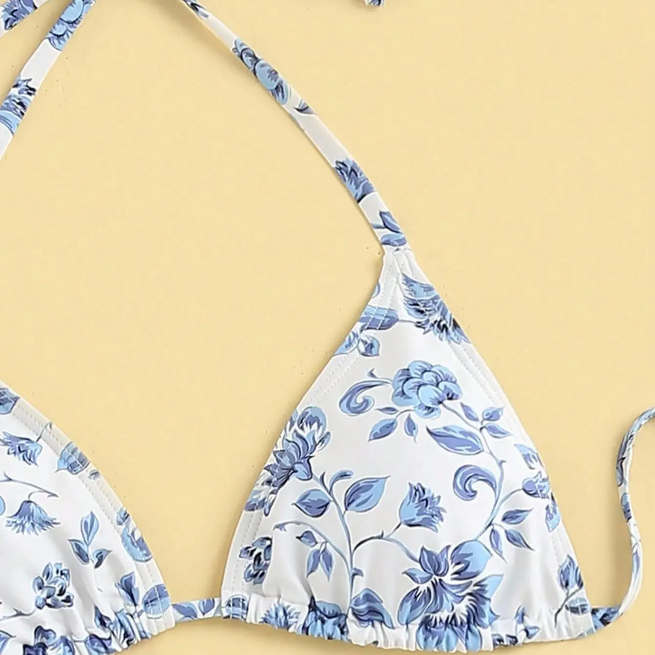 3 Piece Bikini Suit Print Flower Sexy Triangle Cup Hang Neck Swimwear Blue Female High Slit Skirt  Women Beach Suit