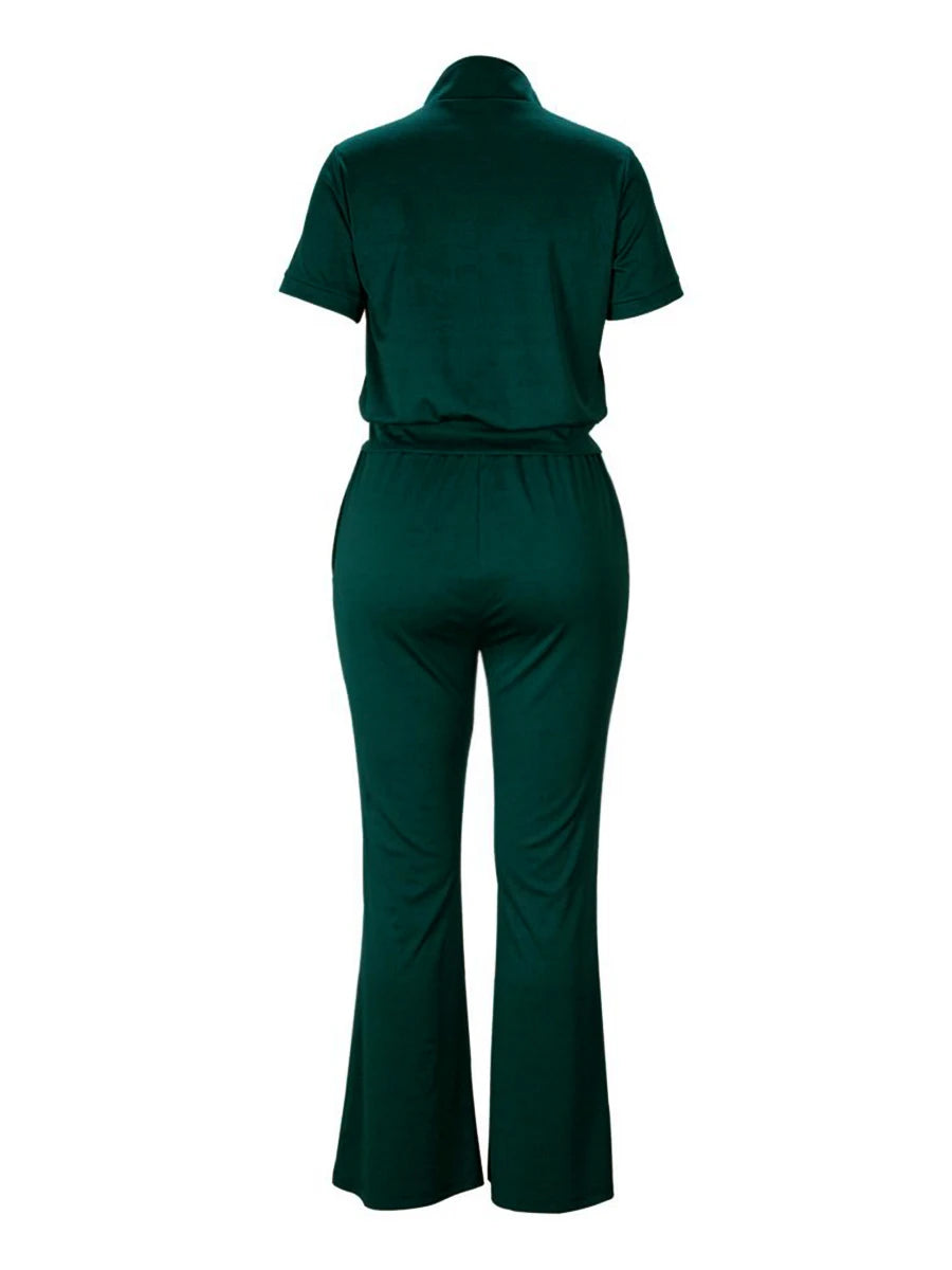 LW BASICS Plus Size Women Regular Fashion Short Sleeves Mandarin Collar Zipper Design Flared Green Outfits Pants Set