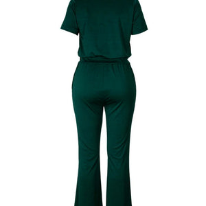 LW BASICS Plus Size Women Regular Fashion Short Sleeves Mandarin Collar Zipper Design Flared Green Outfits Pants Set