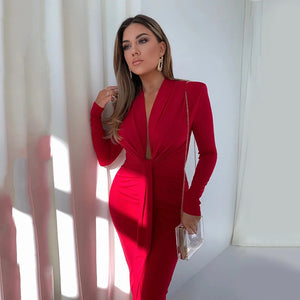 Mozision Elegant Deep V Neck Full Sleeve Long Dress For Women Robe Fashion Autumn New Irregular Ruched Bodycon Midi Dress