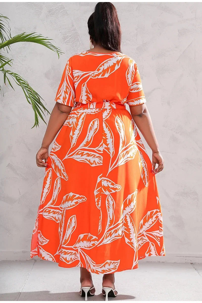 plus size New best-selling oversized loose V-neck dress for women with elastic waist  short sleeved printed long skirt