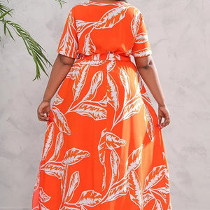 plus size New best-selling oversized loose V-neck dress for women with elastic waist  short sleeved printed long skirt