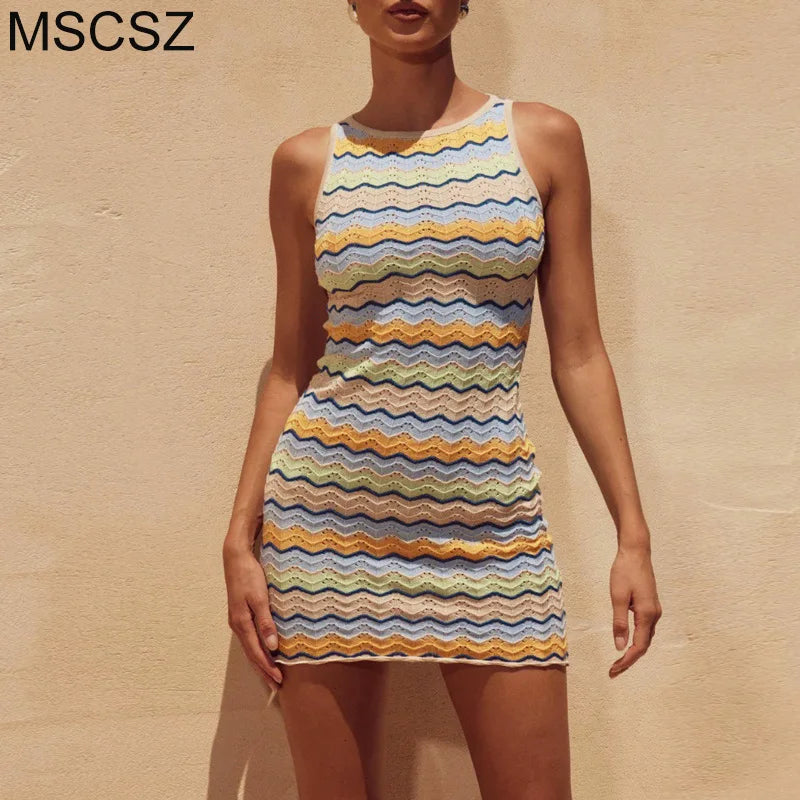 MSCSZ Striped Knitted Summer Dress New Fashion Hollow Out Crochet Dress Woman Vacation Holiday Mini Dress Short Sundress