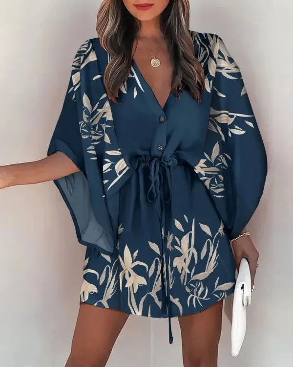 Summer Casual Dress Women Fashion Flying Sleeve V-neck Print Beach Party Dresses Elegant Lace Up Mini Dress Robe Femme 2023 New