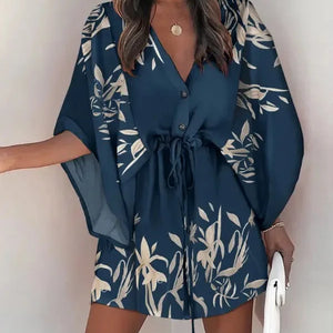 Summer Casual Dress Women Fashion Flying Sleeve V-neck Print Beach Party Dresses Elegant Lace Up Mini Dress Robe Femme 2023 New