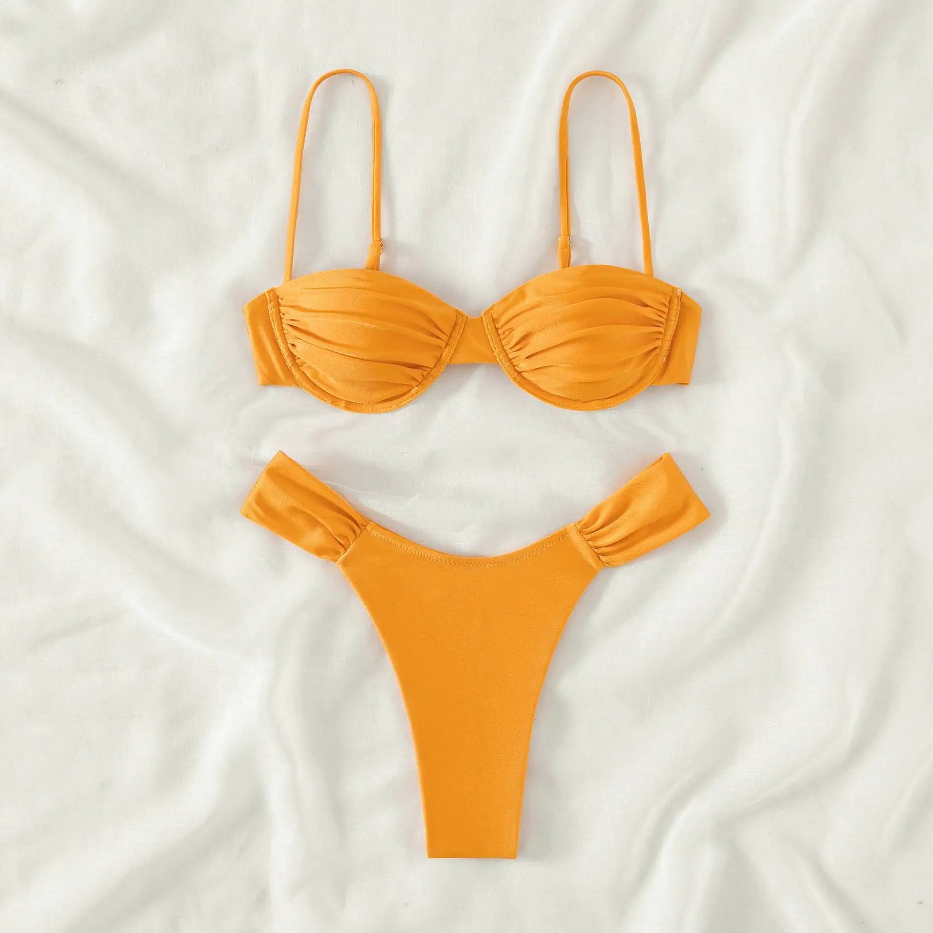 Women Sexy High Cut Bikini Sets Push-up Pleated Bra+Low Waist Briefs Two-Piece Swimsuits Solid Color Swimwear Beachwear Biquinis