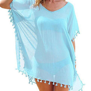 Summer Chiffon Tassels Beach Dress Women Swimwear Bikini Cover Up Female Mini Loose Solid Pareo Tops Swimsuit