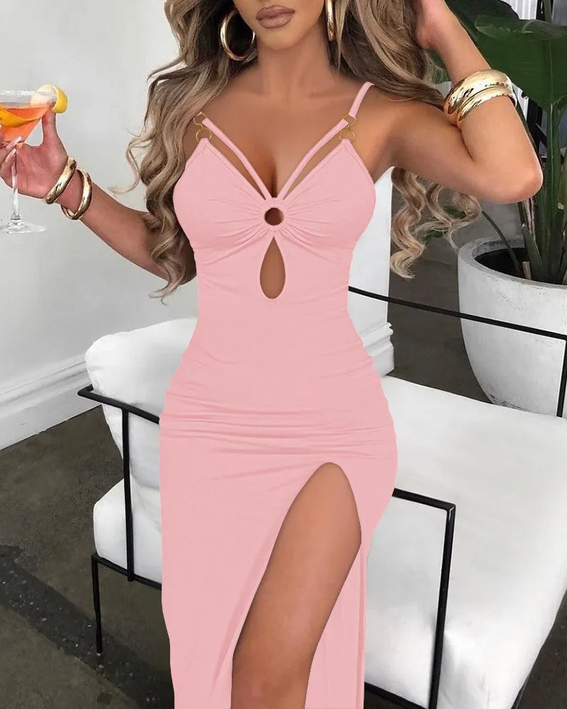 Summer Dresses for Women Fashion 2024 Solid Hollow Out High Slit Bodycon Dress Lady Hole Decoration Party Evening