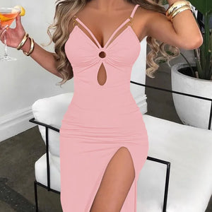 Summer Dresses for Women Fashion 2024 Solid Hollow Out High Slit Bodycon Dress Lady Hole Decoration Party Evening