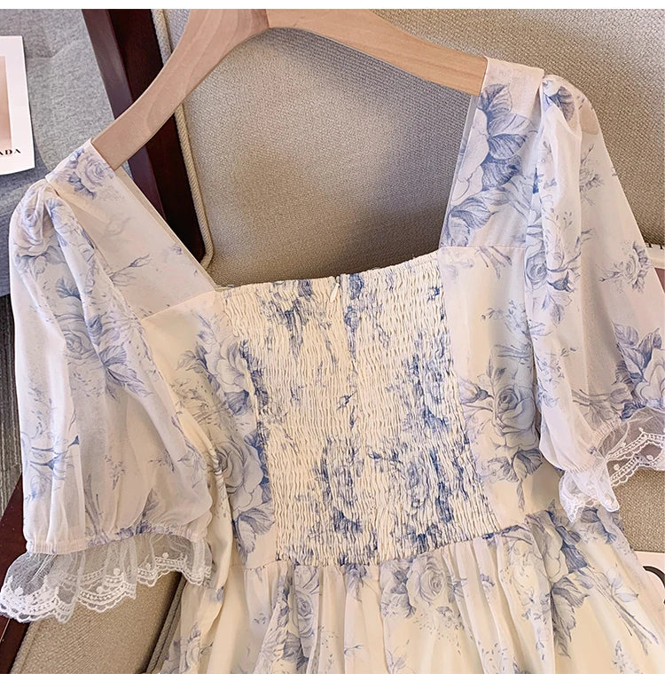 2024 Summer new French casual print dress Lace embellished chiffon fabric loose comfortable puffy sleeve party dress plus size