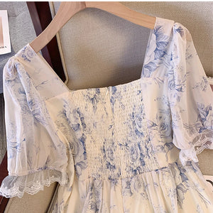 2024 Summer new French casual print dress Lace embellished chiffon fabric loose comfortable puffy sleeve party dress plus size