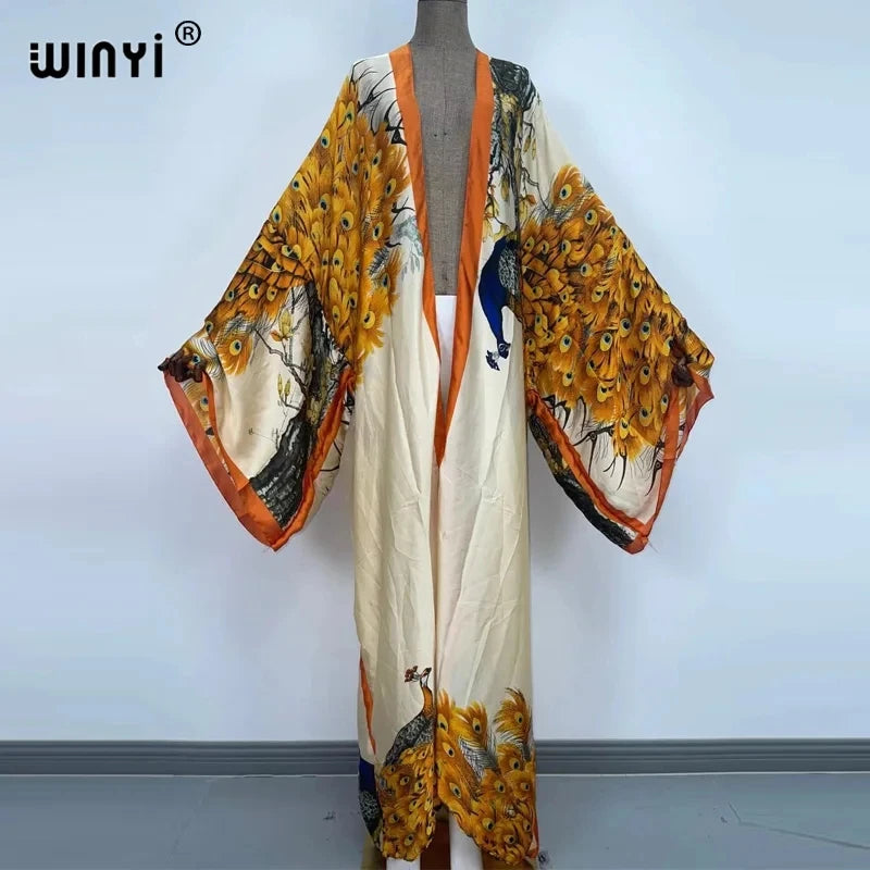 WINYI 2022 Summer Women Cardigan stitch Cocktail sexy Boho Maxi African Holiday Batwing Sleeve Silk feeling Robe kimono kaftan