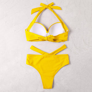 Sexy Yellow Ruched Women's Swimsuit Summer Elegant Push Up Bra High Waist Swiming Suits Ladies Hollow Out Bandage Swimwear