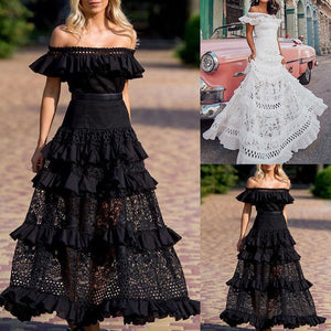 Elegant Off  Shoulder Solid Ruffle Long Evening Dress Summer Fashion Sleeveless Swing Dress Classic Lace Hollow Party Sexy Dress