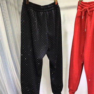 Plus Size L-4XL 150KG Women's Fleece Sweatpants 2024 New Red Diamond Stamping Harem Pants Autumn/winter Casual Female Trousers