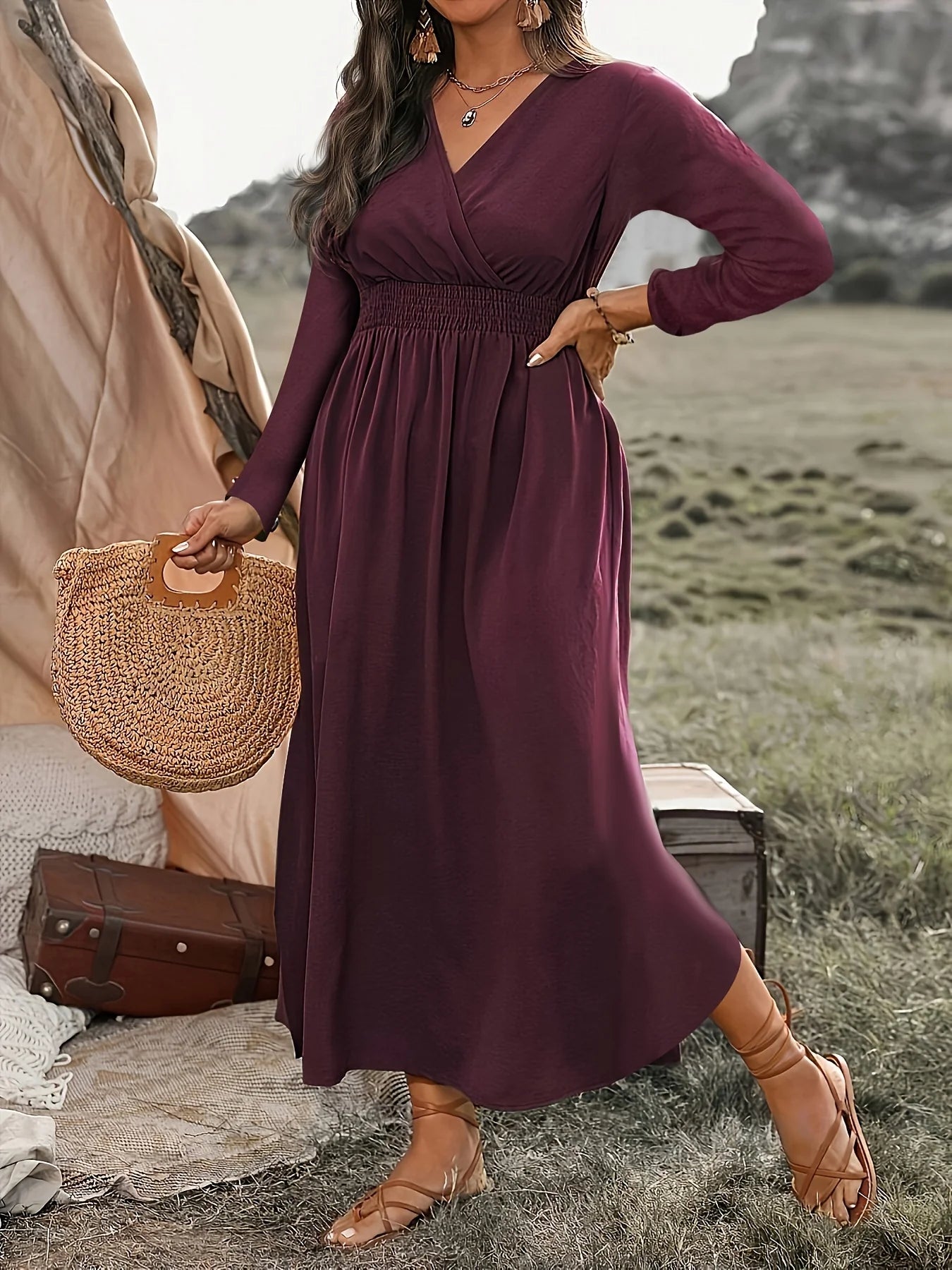 2024 AliExpress Europe and the United States cross-border plus size autumn new fashion V-neck tunic long sleeve dress