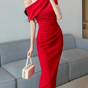 Elegant Off Shoulder Evening Party Dresses Women Summer Fashion Slim One Piece Solid Vestidos Korean Graduation Robe Clothing