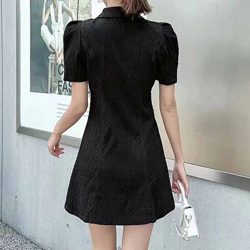 Summer Fashion Retro French Style Black White Chic Elegant Dresses for Women Casual Zipper Short Sleeve Slim Midi Dress Vestidos