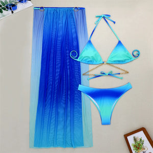 3 Piece Backless Bikinis & Long Beach Skirt Swimwear 2024 New Women Ring Link Swimsuit Lady Bathing Swimming Summer Beachwear