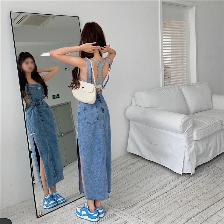 Sleeveless Women Denim Suspender Dress Spring New Midi Skirt Blue Korean Fashion Polo Collar Streetwear Female Braces Slit Dress