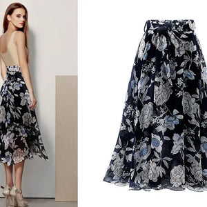 2024 Summer Print Floral Skirts For Women Casual Loose Elastic Waist Plus Size Skirt Belt A-line Chiffon Beach Saias Midi Femme