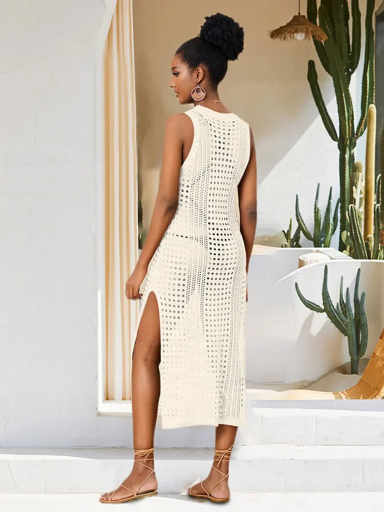 White Crochet Mesh Sleeveless Slit Wrap Beach Dress 2023 Autumn Woman Sexy Hollow Out Knitted Beachwear Swimsuit Cover-ups Q1513