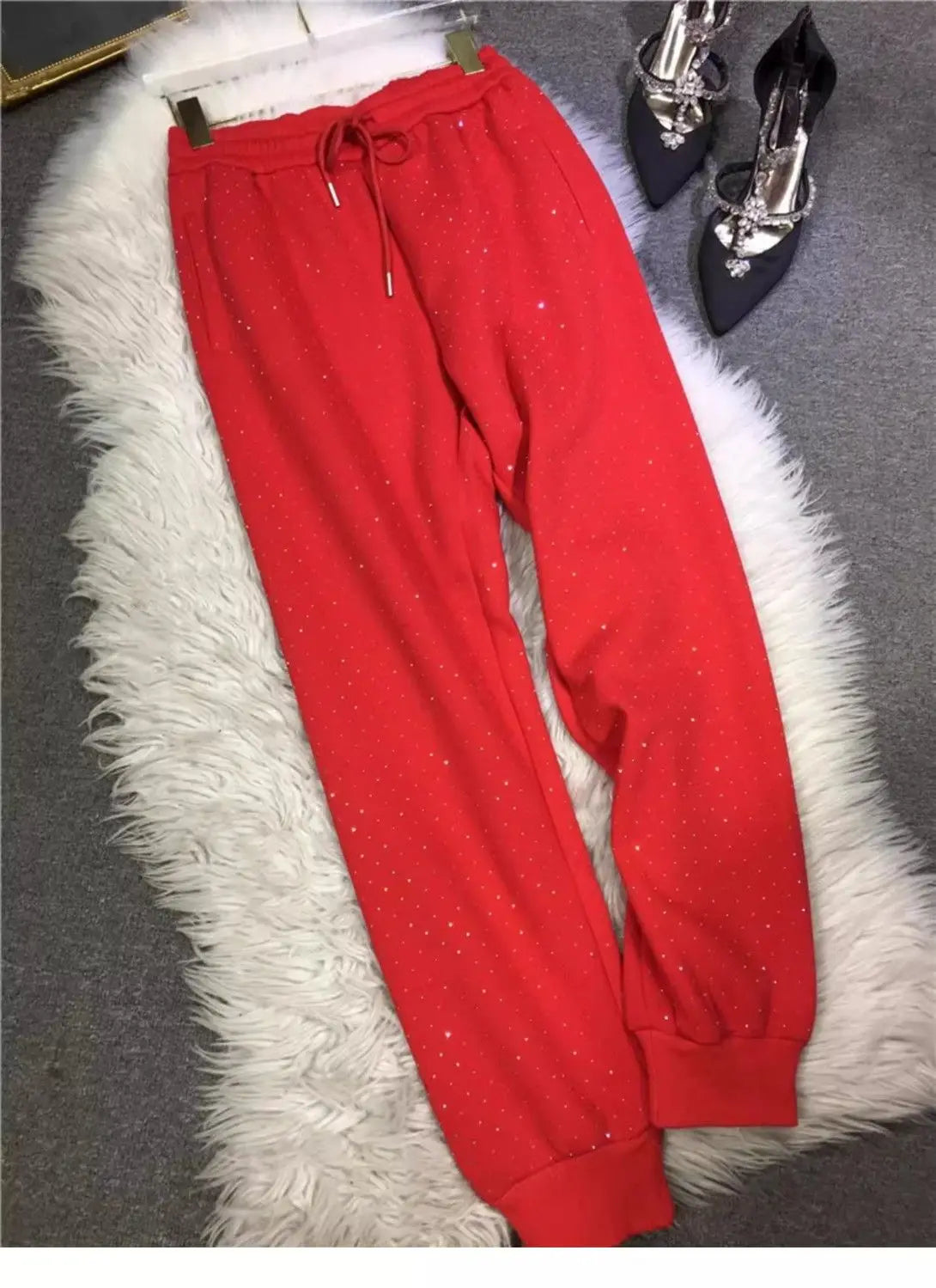 Plus Size L-4XL 150KG Women's Fleece Sweatpants 2024 New Red Diamond Stamping Harem Pants Autumn/winter Casual Female Trousers