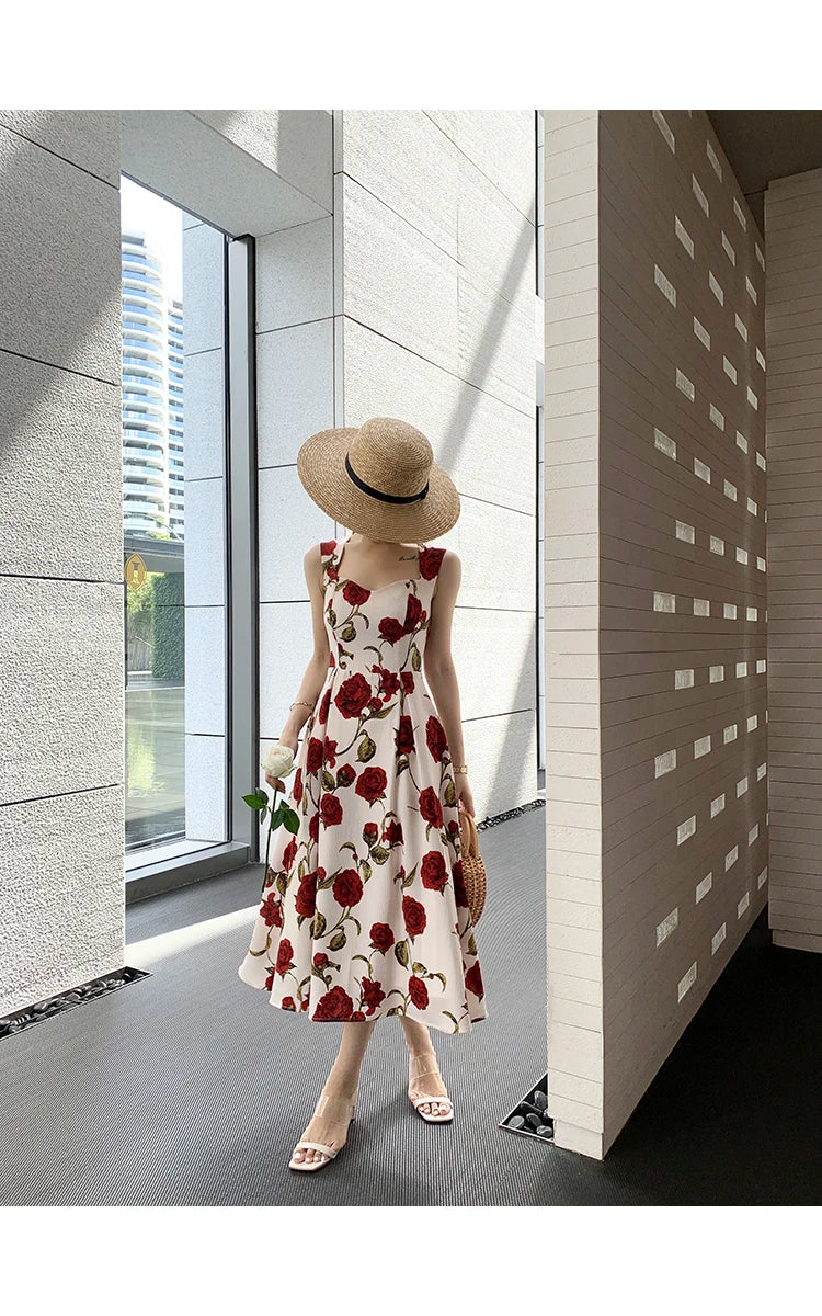 Women's Summer Elegant Floral Print Rose Strap Midi Dress Sleeveless Casual Beach Party Sundress Female Fashion A-Line Vestidos