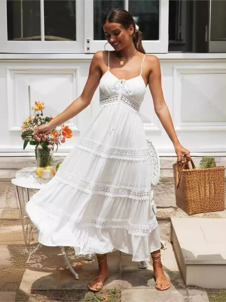 Summer New Women Boho Dress Fashion Spaghetti Strap White Beach Party Dress Robe Femme 2024 Elgeant Casual Female Vestidos