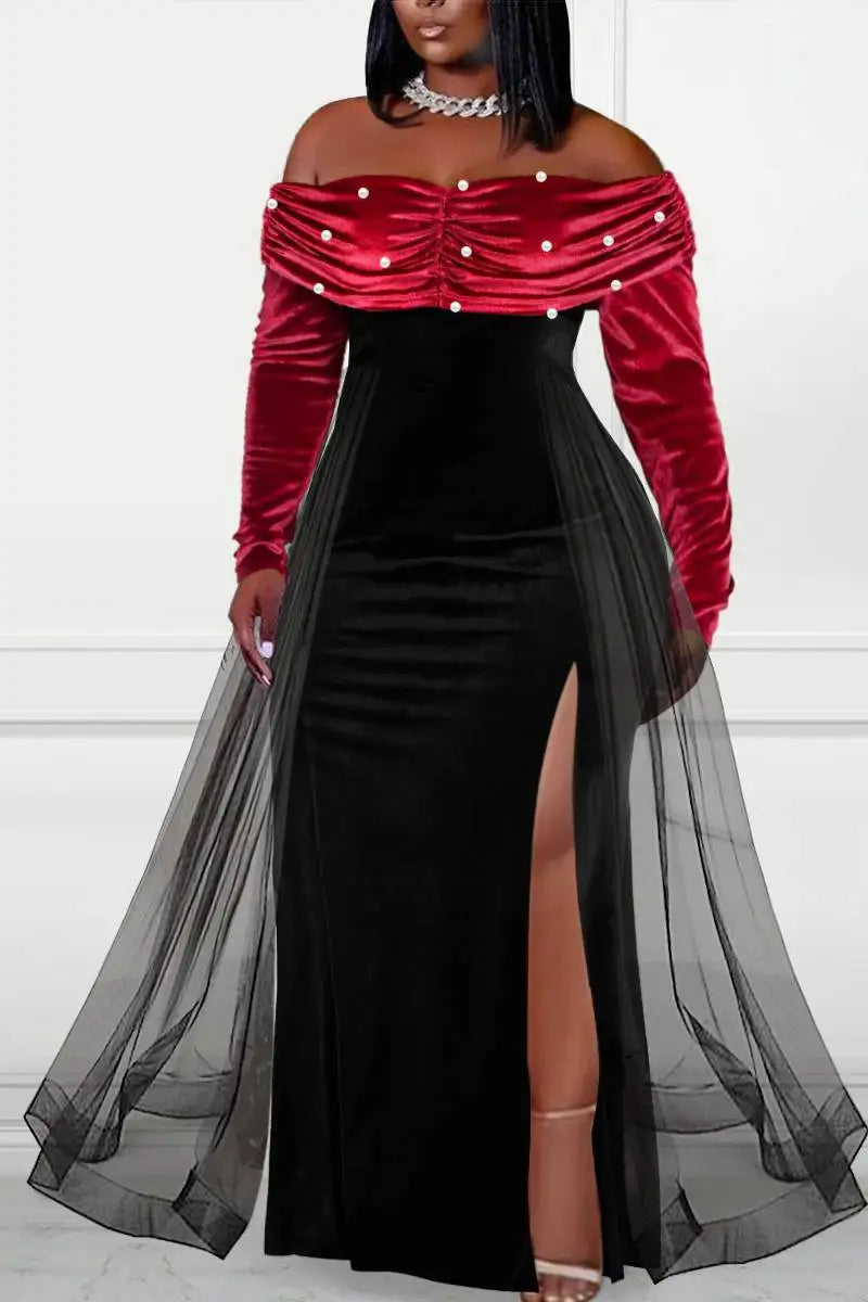 Elegant Plus Size Formal Dress Off The Shoulder Pearl-Embellished Overlay Skirt Velvet Split Maxi Dress Cocktail Party Dresses