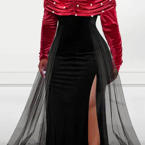 Elegant Plus Size Formal Dress Off The Shoulder Pearl-Embellished Overlay Skirt Velvet Split Maxi Dress Cocktail Party Dresses