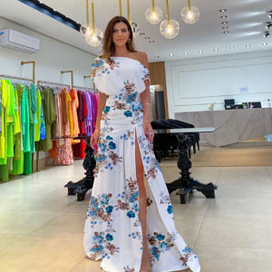 Summer Fashion Elegant Oblique Neck Split Evening Dress Women Sexy Off Shoulder Solid Split Dress Women