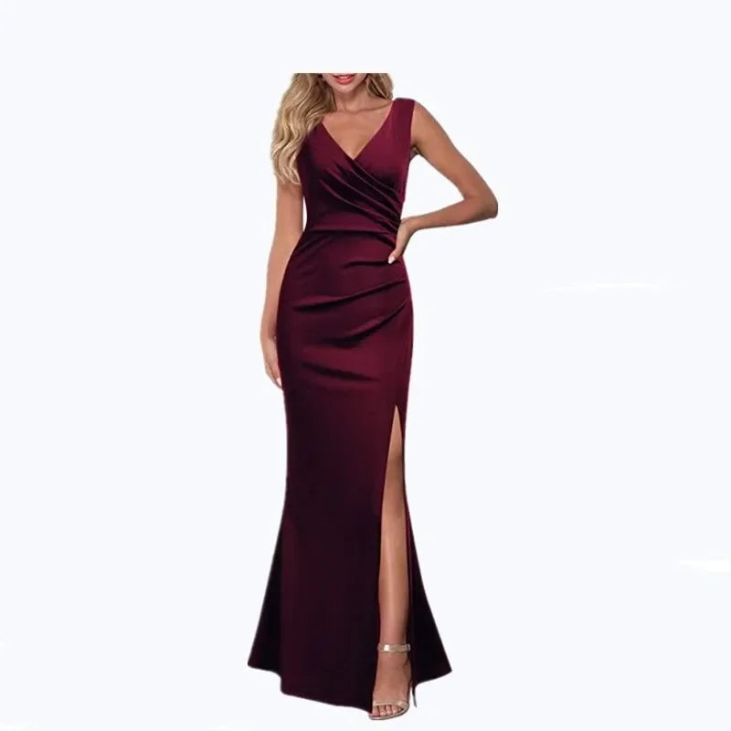 Women's Summer Sexy V-neck Halter Dress Slim Sleeveless Slit Long Dress Solid Color Fashion Dinner Party Temperament Dress