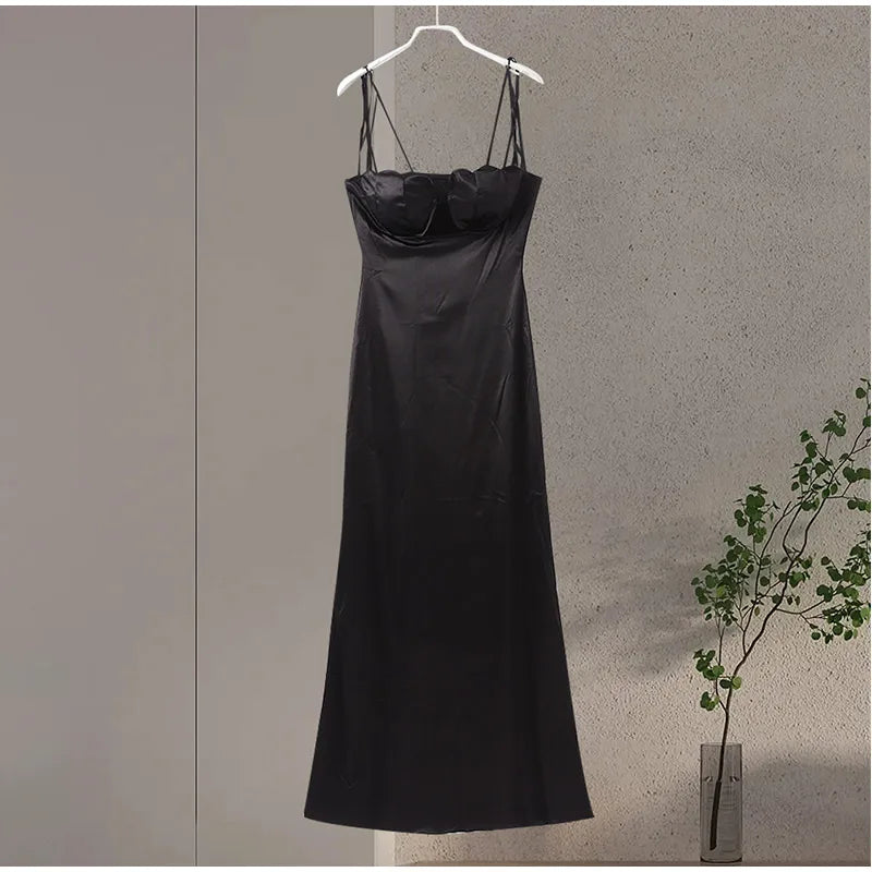 Sexy Hollow Out Satin Sling Dress Women Elegant Backless Sleeveless Lace Up Female Party Dresses 2024 Summer Lady Solid Robes