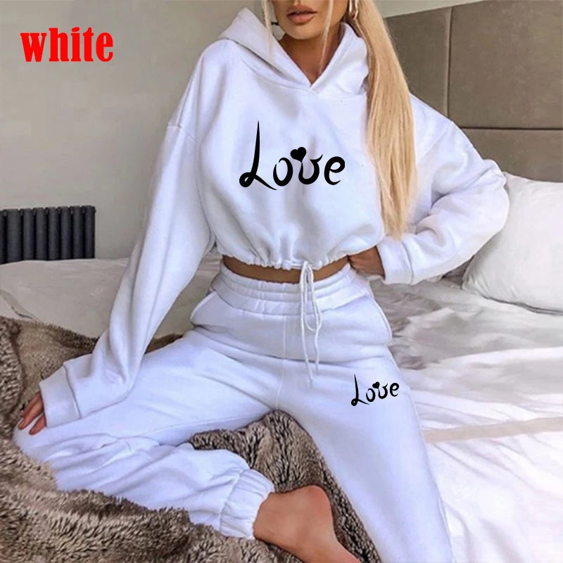 Womens Love Print Hoodie + Sweatpants 2-piece Sweat Suits Tracksuits Jogging Sports Suits Baseball Uniforms Track Suits Jogger