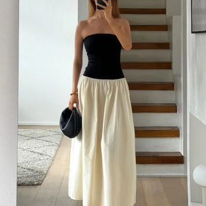 Tossy Patchwork Strapless Sleeveless Dress Women's Contrast Color A-Line High Waist Long Party Dress Fashion Outfits Female New