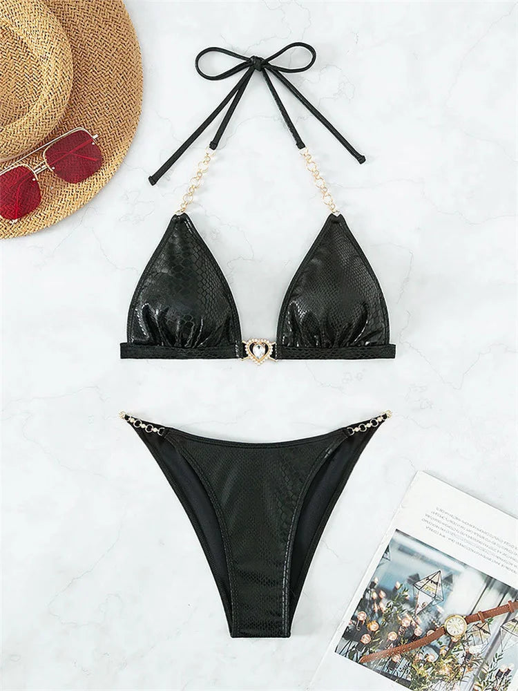 Luxury Rhinestone Bikini Women Black Bronzing Metal Chain Strap Push Up Micro Swimsuit 2024 Sexy Bathing Suit Thong Swimwear