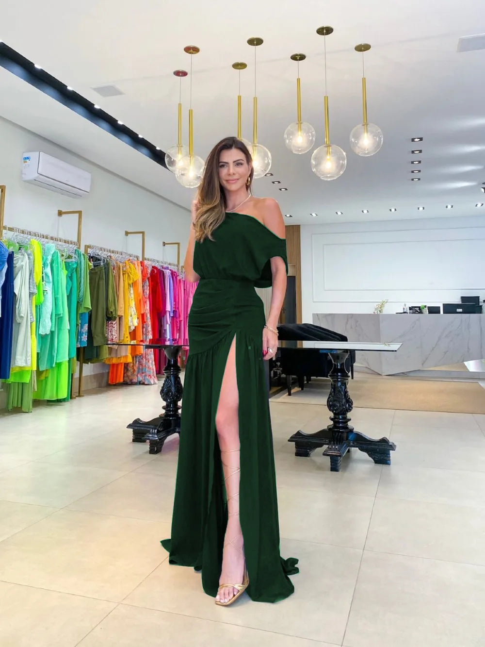 Summer Fashion Elegant Oblique Neck Split Evening Dress Women Sexy Off Shoulder Solid Split Dress Women