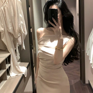 Women Elegant Solid Evening Party Dresses Summer Fashion Korean Graduation Formal Dress Off Shoulder Slim Vestidos Clothing