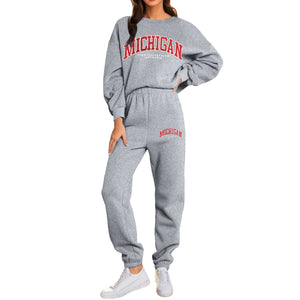 Women'S Two Piece Sweatsuit Long Sleeve Crew Neck Tracksuit Jogger Pants Set With Pockets Printed Loose Sports Sweatshirt