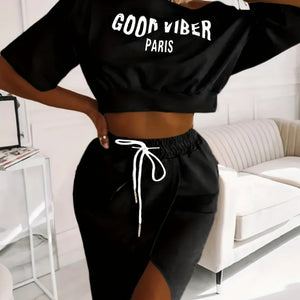 LW Plus Size Two Piece Good Viber One Shoulder Letter Print Set Crop Top+High Split Skirt Elegant Matching Outfits For Women