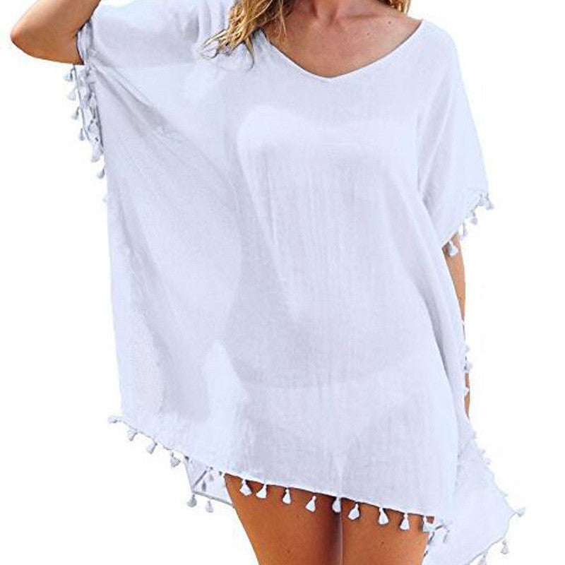 Summer Chiffon Tassels Beach Dress Women Swimwear Bikini Cover Up Female Mini Loose Solid Pareo Tops Swimsuit