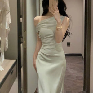 Women Elegant Solid Evening Party Dresses Summer Fashion Korean Graduation Formal Dress Off Shoulder Slim Vestidos Clothing