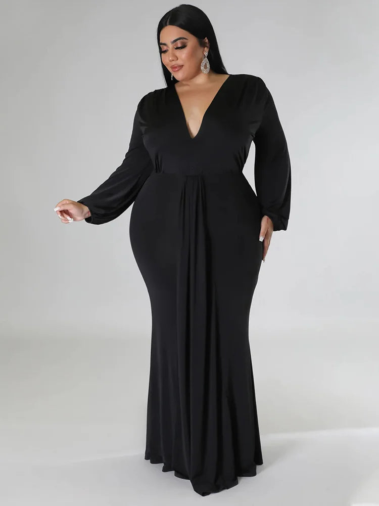 Wmstar Plus Size Party Dresses for Women Long Sleeve Stretch Sexy V Neck Elegant Maxi Dress Fall Clothes Wholesale Dropshipping