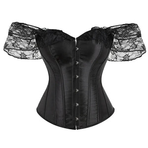 Women Lace Short Sleeve Satin Overbust Corset Sexy Lingerie Body Shaper Corsets Tops White/Black Plus Size S-6XL