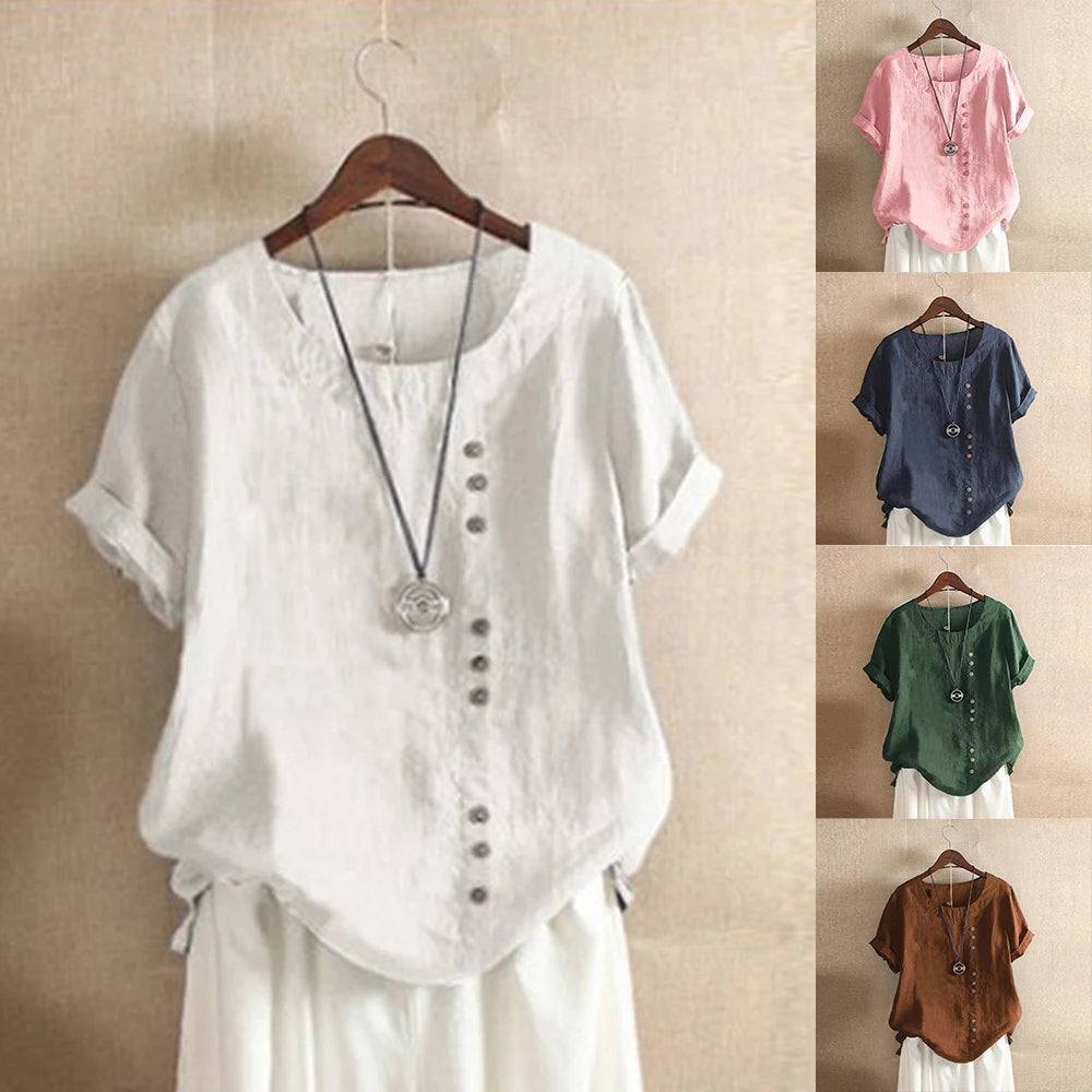 Women's Short Sleeve Cotton Linen Beautiful Tunic Blouse Tops Ladies Casual Basic Shirt Plus Size Clothes  L-5XL Clothing 2023