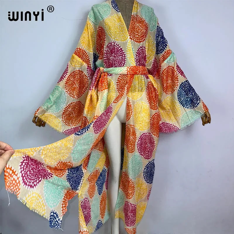 WINYI Bohemian bronzing print Bikini Cover-ups Elegant Self Belted Kimono Dress Women Summer holiday Dress Beach Wear Cover up