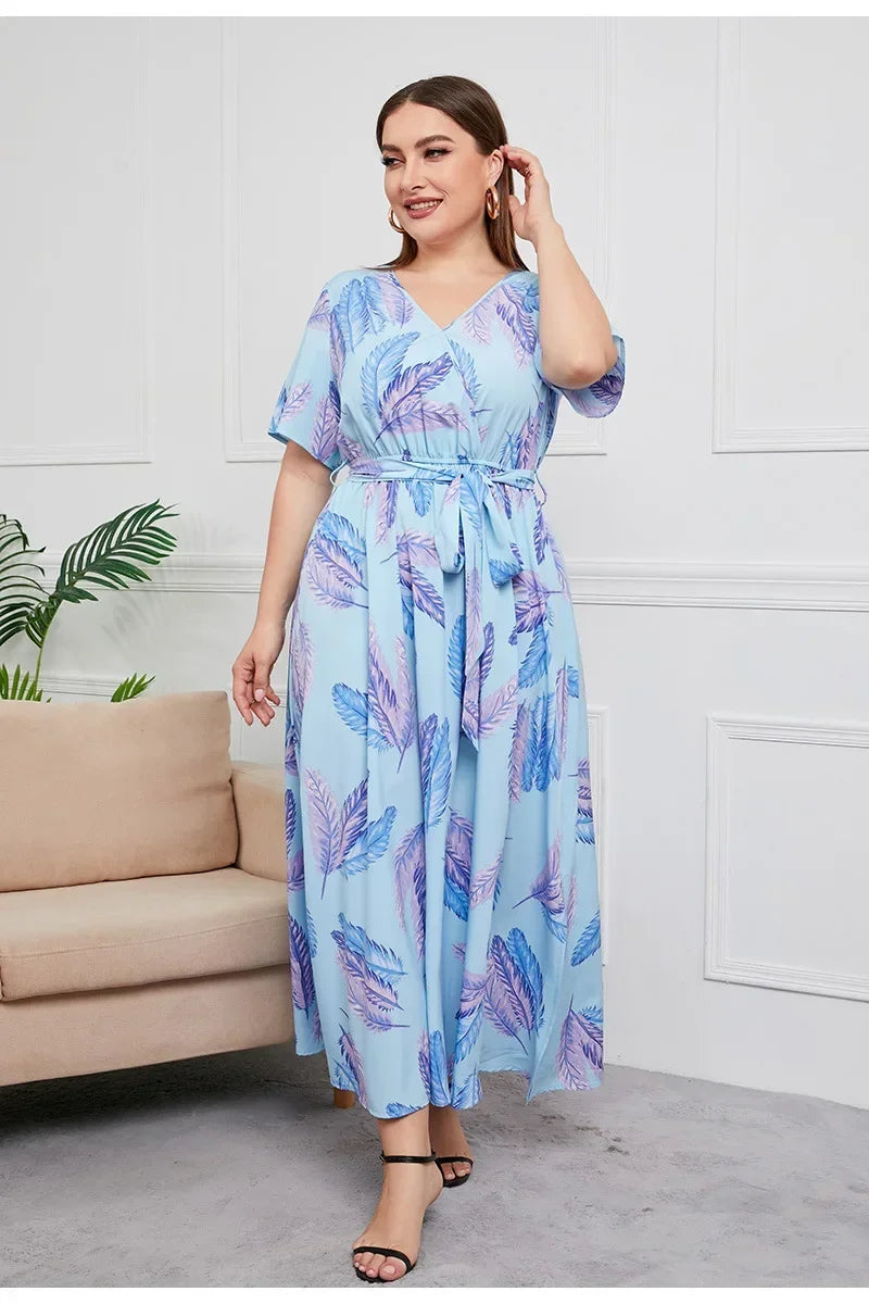 plus size New best-selling oversized loose V-neck dress for women with elastic waist  short sleeved printed long skirt