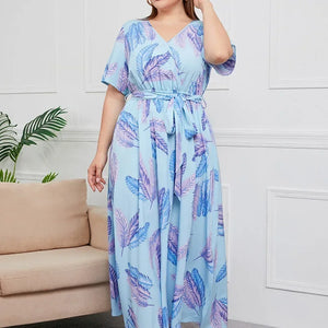 plus size New best-selling oversized loose V-neck dress for women with elastic waist  short sleeved printed long skirt