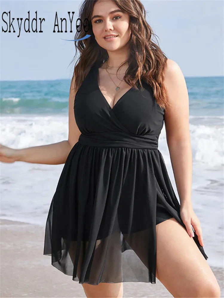 Women's Plus Size Swimsuit 2024 Stylish Swimwear One Piece Tankini V-Neck Split Hem Swim Dress Large Size Bodysuit Beach Wear